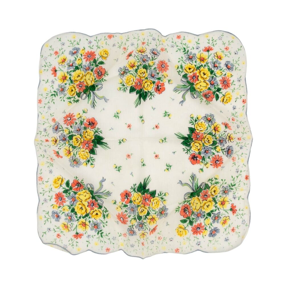 Vtg Mid Century Womens Handkerchief Cotton Floral Scalloped Border 14 x14"